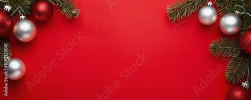 Christmas decorations with red and silver ornaments on a vibrant red background create a festive atmosphere