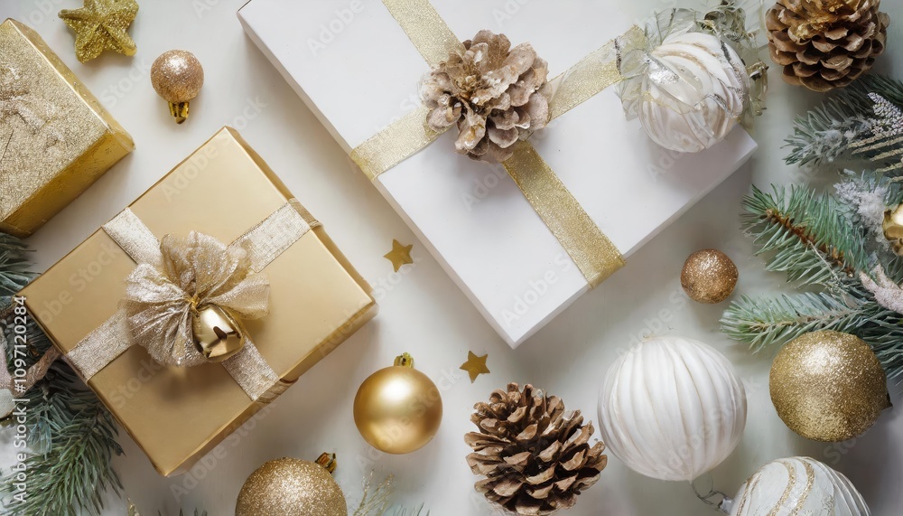 Elegant gold and white Christmas flat lay mockup background featuring festive product photography with beautifully wrapped presents, pine branches, ornaments, and warm holiday decor accents. Elegant gold and white Christmas flat lay mockup background featuring festive product photography with beautifully wrapped presents, pine branches, ornaments, and warm holiday decor accents.