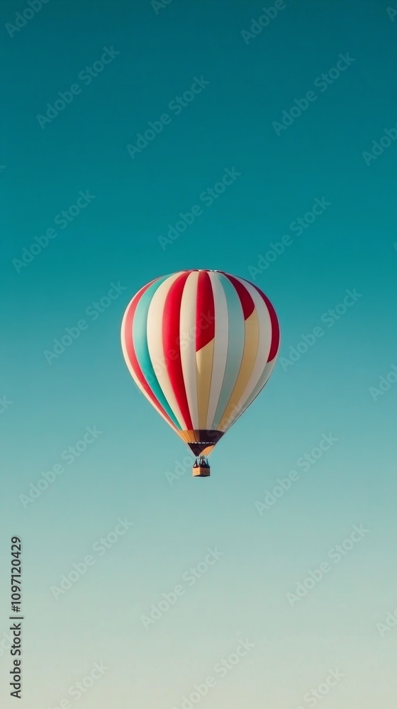 Fototapeta premium Colorful hot air balloon floats over serene lake at sunrise in a clear sky