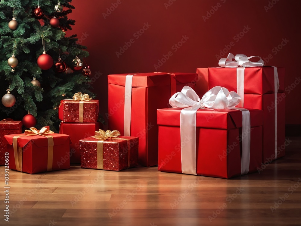 Obraz premium Festive red and white gift boxes arranged under a decorated Christmas tree in a cozy room setting