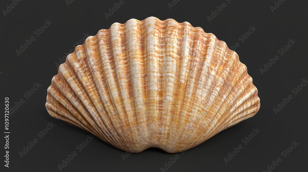 A single tan seashell with ribbed texture A single tan seashell with ribbed texture