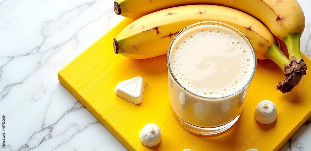Banana smoothie with fruits on yellow cutting board Banana smoothie with fruits on yellow cutting board