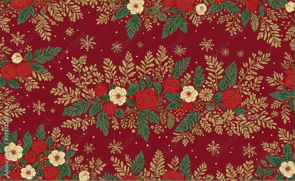 Christmas texture with red and gold pattern, floral design, perfect for gift wrapping Christmas texture with red and gold pattern, floral design, perfect for gift wrapping