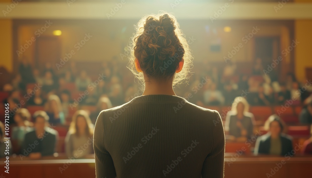 Female Speaker Presents At University Workshop In Lecture Hall. Audience Takes Notes While Listening At Scientific Conference Event. Attendees Unrecognized From Rear View. Female Speaker Presents At University Workshop In Lecture Hall. Audience Takes Notes While Listening At Scientific Conference Event. Attendees Unrecognized From Rear View.