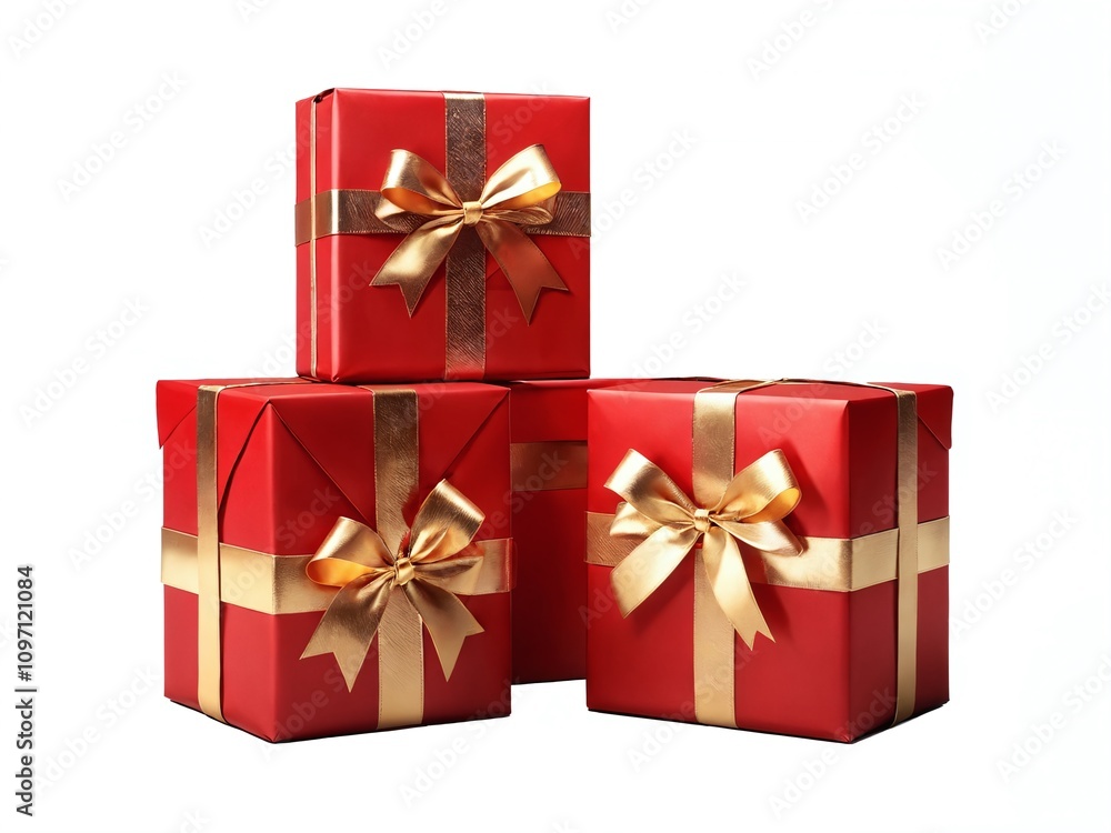 Beautifully wrapped red gift boxes with golden ribbons stacked together for a special occasion Beautifully wrapped red gift boxes with golden ribbons stacked together for a special occasion