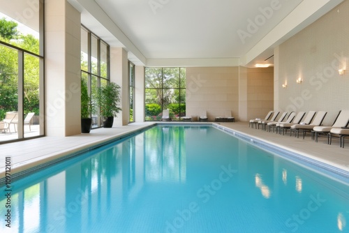 Modern indoor pool with large windows and lush greenery in a tranquil setting