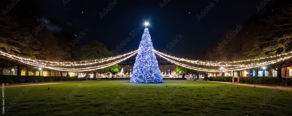 Fototapeta premium Illuminated blue Christmas tree in festive park at night with twinkling lights and holiday decorations