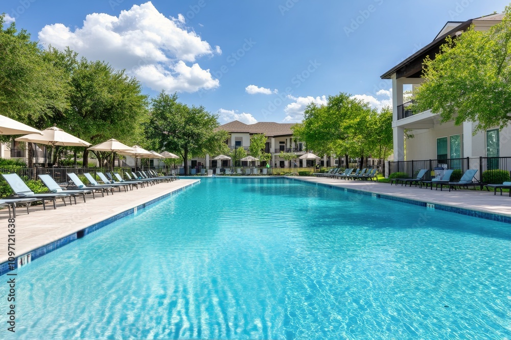 Elegant swimming pool surrounded by lush greenery at a serene tropical resort Elegant swimming pool surrounded by lush greenery at a serene tropical resort