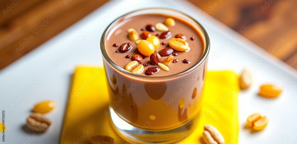 Chocolate smoothie with colorful beans on yellow napkin Chocolate smoothie with colorful beans on yellow napkin