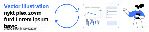 Arrows indicating a process, line and bar graph on tablet, person pointing at screen, holding a clipboard. Ideal for business analytics, data presentation, monitoring performance, reporting