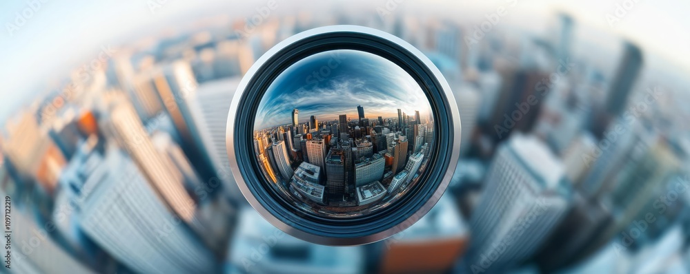 A metallic fish-eye lens capturing a spherical urban panorama, lens urban panorama, wide-angle innovation A metallic fish-eye lens capturing a spherical urban panorama, lens urban panorama, wide-angle innovation