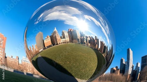 A metallic fish-eye lens with curved reflections of an urban cityscape, fish-eye lens urban, wide-angle creativity photo