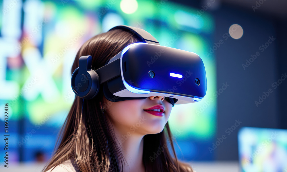 woman wearing virtual reality goggles, immersed in digital experience, showcasing modern technology and innovation woman wearing virtual reality goggles, immersed in digital experience, showcasing modern technology and innovation