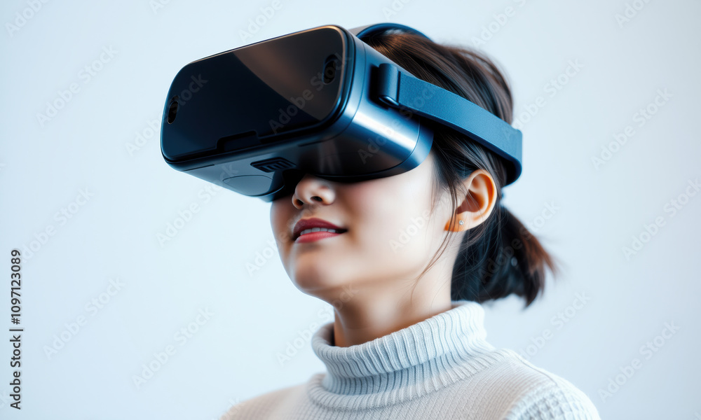 woman wearing virtual reality goggles, immersed in digital experience, showcasing modern technology and innovation woman wearing virtual reality goggles, immersed in digital experience, showcasing modern technology and innovation
