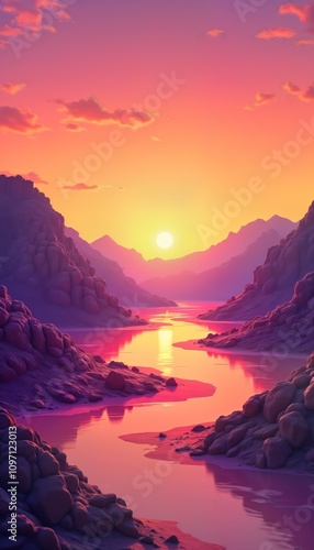 Purple sunset over calm river. Pink water flows between rocks. Mountains silhouette against vibrant sky. Sun sets. Scenic nature landscape. Tranquil scene. Desert oasis. Calm water. Colorful sky.
