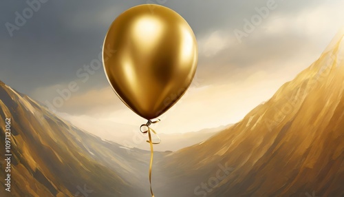 Gold helium balloon for birthday parties and celebrations, floating elegantly in the air. Perfect for events, joyful decorations, and festive occasions. Isolated on white background. photo