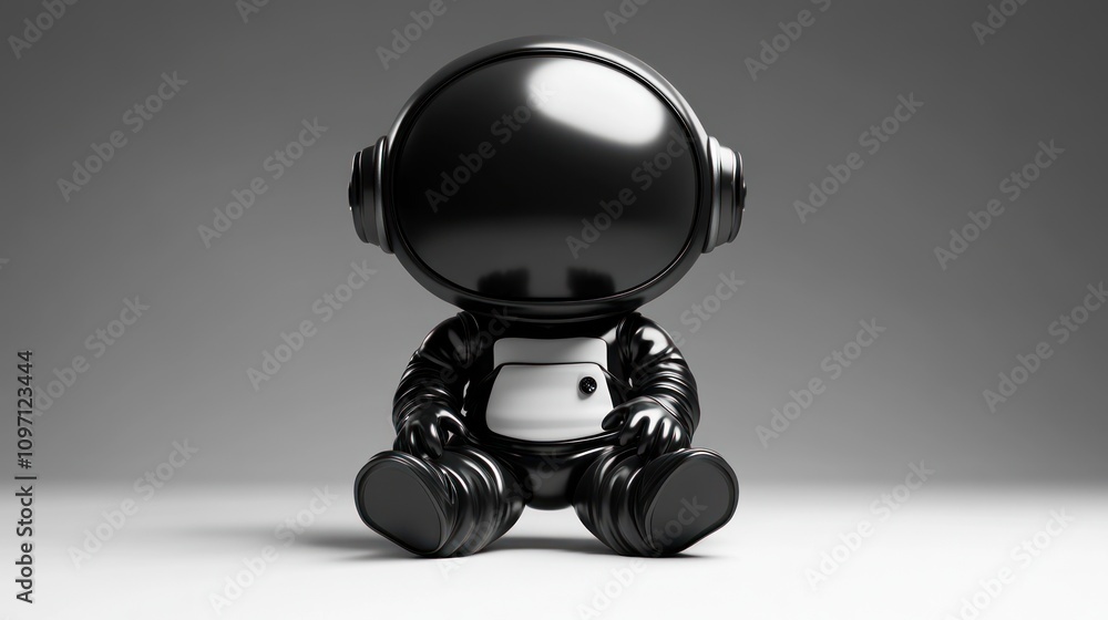 A glossy black astronaut figurine sits against a neutral background. A glossy black astronaut figurine sits against a neutral background.