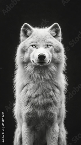 Intense gaze of a white wolf captured in striking monochrome detail