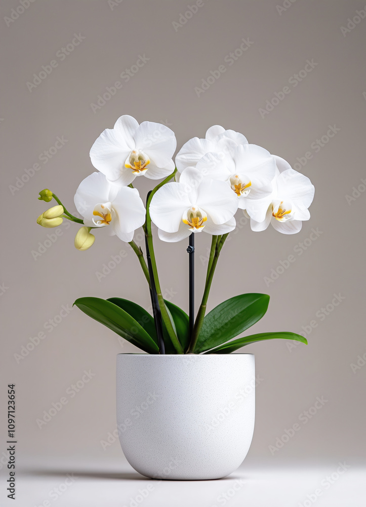 Vibrant Phalaenopsis white blooms adorned with droplets in a pristine plane background setting Vibrant Phalaenopsis white blooms adorned with droplets in a pristine plane background setting