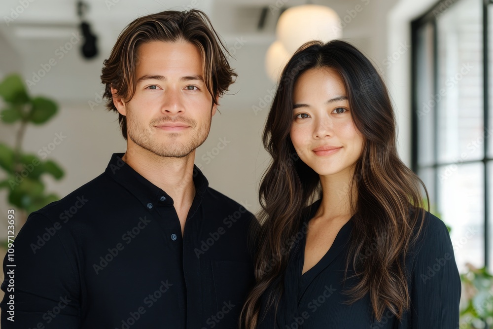 Young couple posing together against a white wooden wall during a sunny day Young couple posing together against a white wooden wall during a sunny day