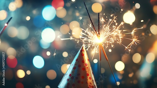 5. A group of friends at a New Year party wearing festive hats and holding sparklers