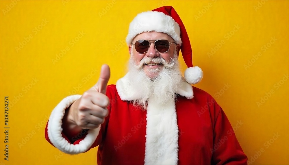 A middle-aged white man wearing a red Santa Claus costume and sunglasses, standing against a bright yellow background and making a thumbs up gesture created with generative ai A middle-aged white man wearing a red Santa Claus costume and sunglasses, standing against a bright yellow background and making a thumbs up gesture created with generative ai