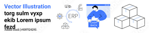 ERP gear, cashback icon, boxes, and logistics elements visible. Ideal for e-commerce, finance, logistics, ERP systems, warehouses, inventory management, business websites Landing page