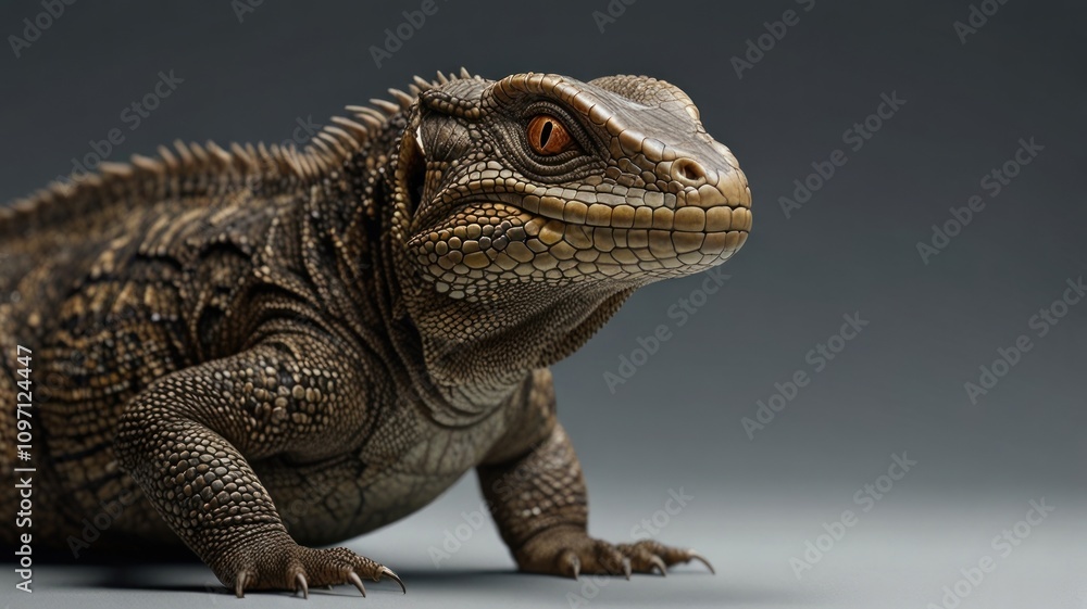 Obraz premium Close-up of a lizard with orange eyes on a gray background.