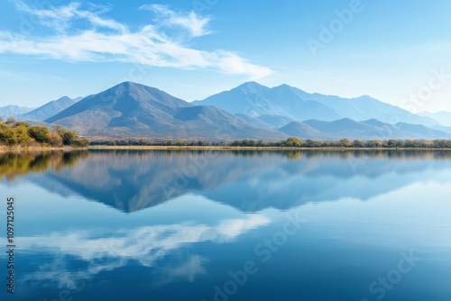 Majestic mountains reflected in tranquil lake under clear blue sky