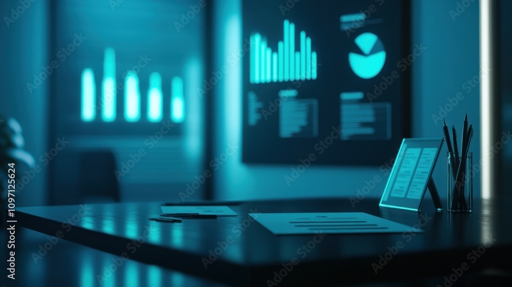 A modern office workspace with digital data displays and a sleek tablet. A modern office workspace with digital data displays and a sleek tablet.