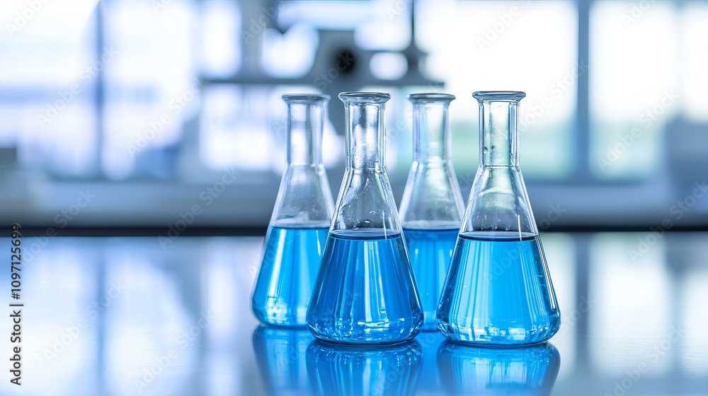 Laboratory glassware with blue liquid, representing scientific research and experimentation. Laboratory glassware with blue liquid, representing scientific research and experimentation.