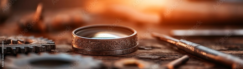 Engraved metal lens placed in an industrial setting, surrounded by rough tools and gears, industrial engraved lens, mechanical depth Engraved metal lens placed in an industrial setting, surrounded by rough tools and gears, industrial engraved lens, mechanical depth