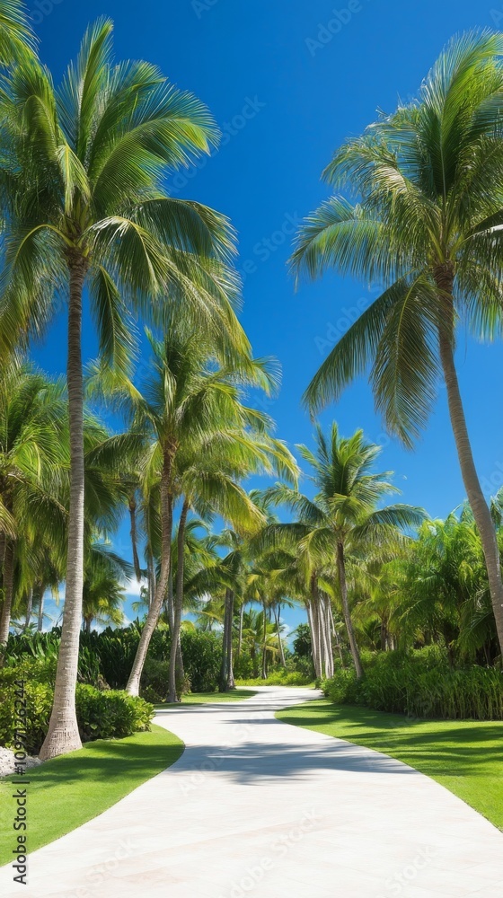 Lush tropical pathway winding through palm trees under a clear blue sky on a sunny day Lush tropical pathway winding through palm trees under a clear blue sky on a sunny day