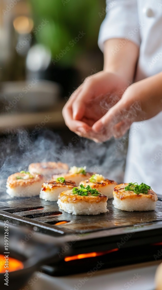 Grilling sushi rolls with vibrant toppings at a culinary event in a garden setting Grilling sushi rolls with vibrant toppings at a culinary event in a garden setting