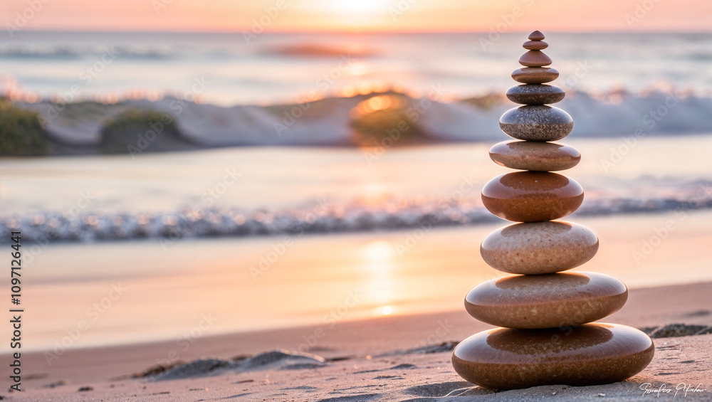 Obraz premium Sunset beach serenity: Balanced stones embody peace, mindfulness at shore.