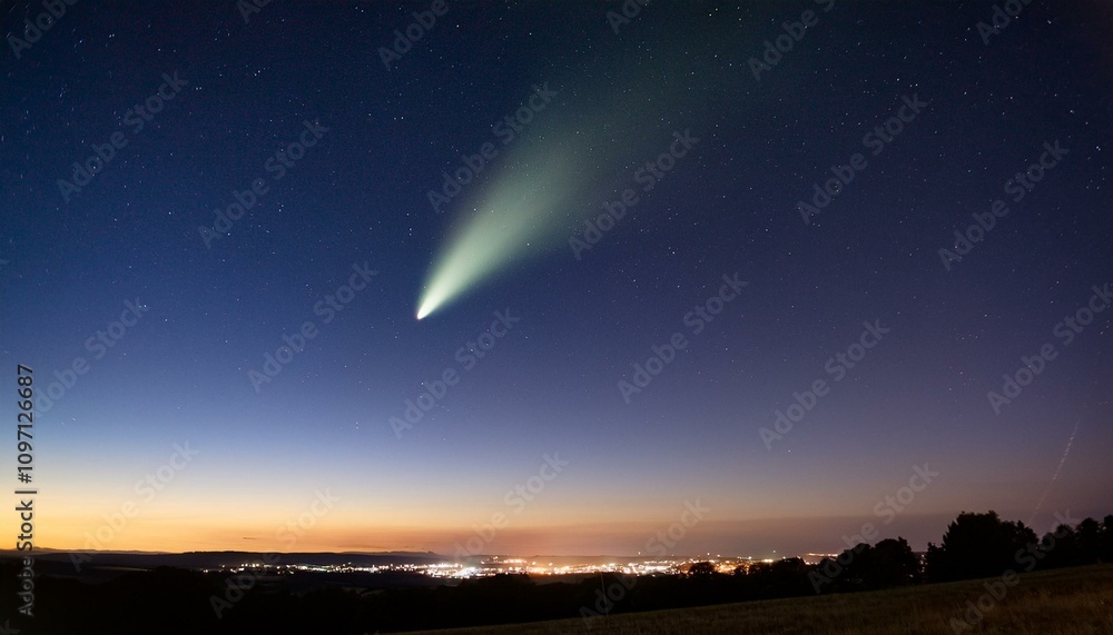 Starry Sky with Glowing Comet Across the Horizon Starry Sky with Glowing Comet Across the Horizon