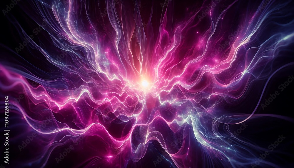 Fototapeta premium Energy waves rippling in glowing pinks and purples over black void