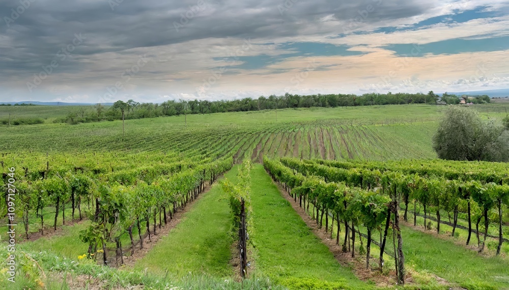 Expansive green vineyard with orderly rows of vines ready for harvest, showcasing ripe grapes used in crafting premium wines, capturing the beauty of sustainable viticulture and Expansive green vineyard with orderly rows of vines ready for harvest, showcasing ripe grapes used in crafting premium wines, capturing the beauty of sustainable viticulture and