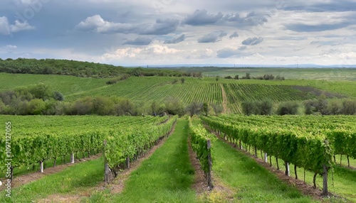 Lush Green Vineyard Rows with Ripe Grapes Ready for Harvest, Perfect for Fine Wine Production, Capturing the Beauty of Natureâ€™s Cycle and the Essence of Winemaking Excellence ( characters)