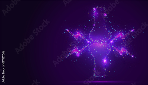 Silhouette of aching joints made of glowing, multicolored dots, resembling stars. The particles symbolize discomfort, resilience, and the human body complex structure.