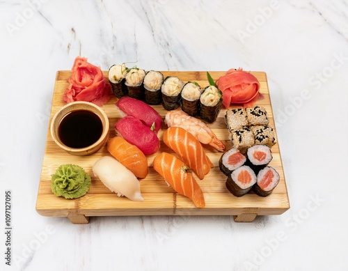 A traditional Japanese sushi platter with a variety of nigiri, sashimi, and maki rolls, garn