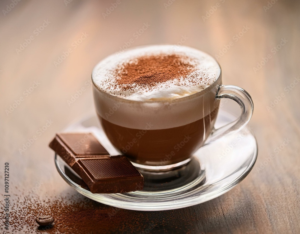 Glass Mug with Hot Chocolate, Milk Foam, and Cinnamon Glass Mug with Hot Chocolate, Milk Foam, and Cinnamon