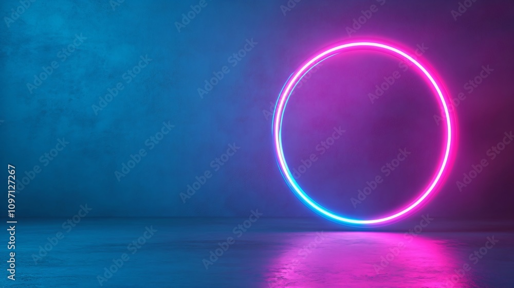 Glowing neon circle ring with pink and blue gradient light reflection on dark background. Modern futuristic backdrop for digital content, gaming aesthetic and cyber design with copy space Glowing neon circle ring with pink and blue gradient light reflection on dark background. Modern futuristic backdrop for digital content, gaming aesthetic and cyber design with copy space