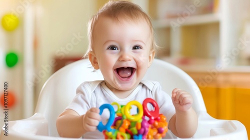 A Cheery Baby Sitting in High Chair, Playing with Toy