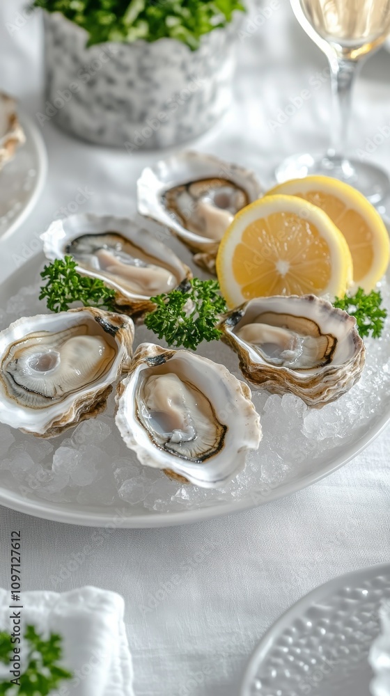 Fresh oysters served with lemon slices on a white tablecloth in a sunny setting Fresh oysters served with lemon slices on a white tablecloth in a sunny setting