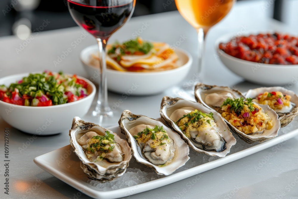 Fresh oysters served on ice with lemon butter and chives at a gourmet restaurant Fresh oysters served on ice with lemon butter and chives at a gourmet restaurant