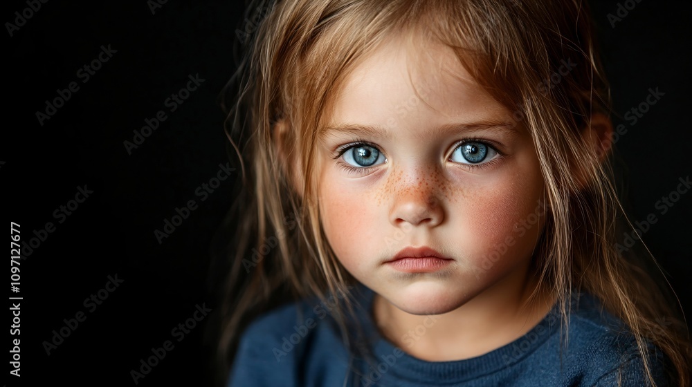 Portrait of a child with bright blue eyes wearing navy blue top against dark background. Natural lighting creates dramatic mood. Childhood innocence captured in artistic style Portrait of a child with bright blue eyes wearing navy blue top against dark background. Natural lighting creates dramatic mood. Childhood innocence captured in artistic style