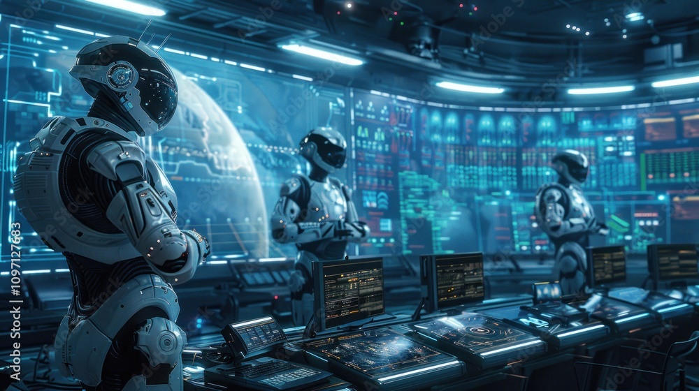 Futuristic robots monitoring Earth on large screens in a control room. Futuristic robots monitoring Earth on large screens in a control room.