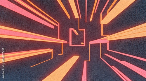 Fototapeta Naklejka Na Ścianę i Meble -  Retro neon geometric abstract tunnel with pink and orange rays. Futuristic perspective corridor design. Dynamic light stripes pattern. Modern background for poster with copy space