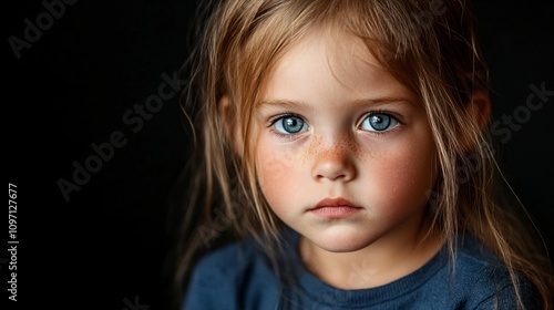 Portrait of a child with bright blue eyes wearing navy blue top against dark background. Natural lighting creates dramatic mood. Childhood innocence captured in artistic style